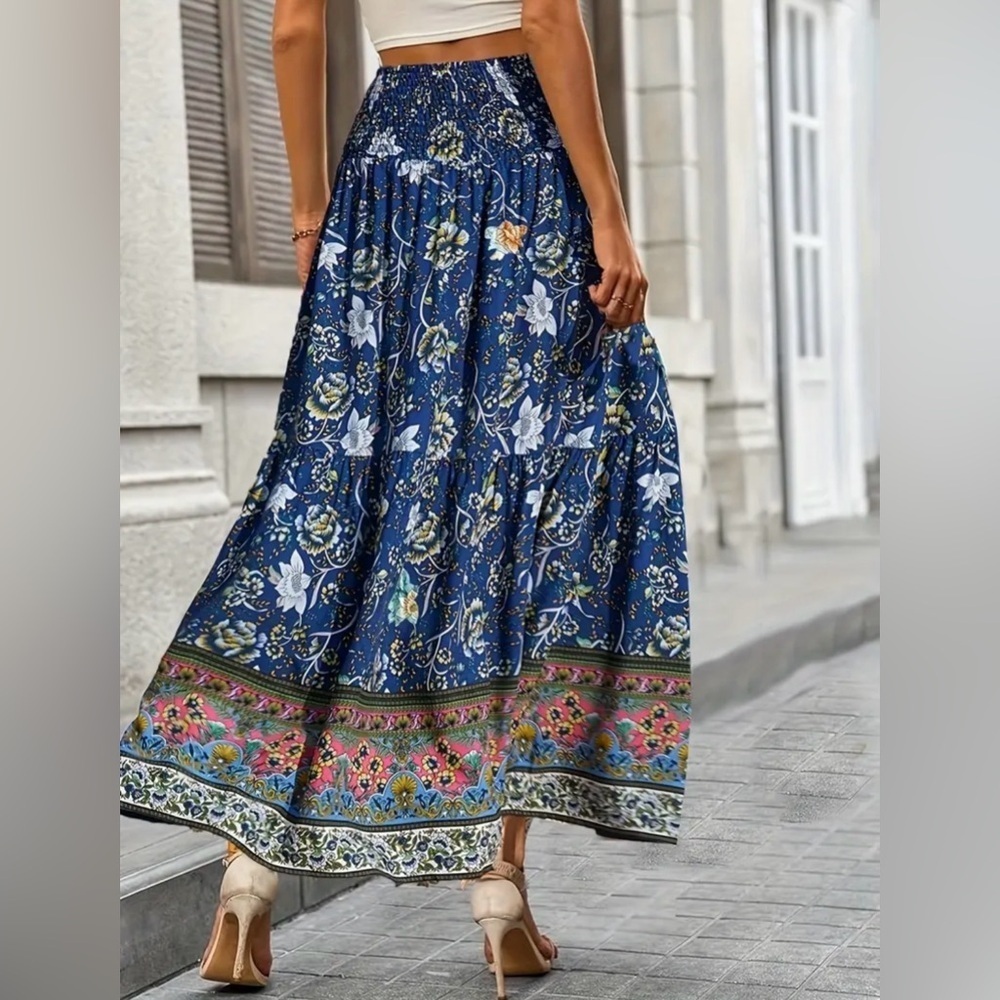 Bohemian Floral Border Print Maxi Skirt Size L NWT Smocked Waist Hippie - Picture 2 of 8